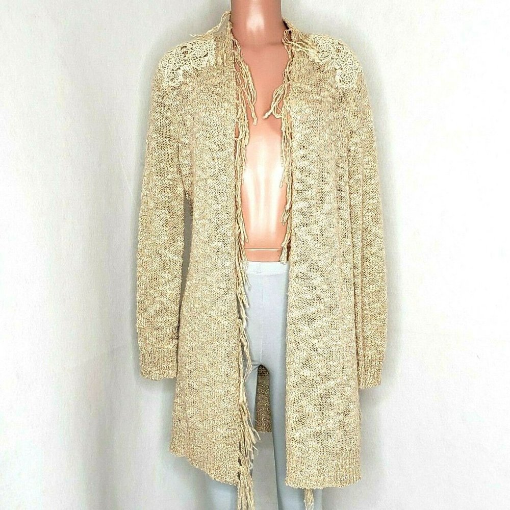 Chico's Metallic Sparkle Open Cardigan Fringe